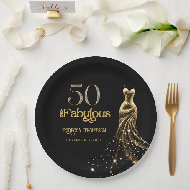 Prato De Papel Fifty and Fabulous Gold Dress Black 50th Birthday (Casamento)