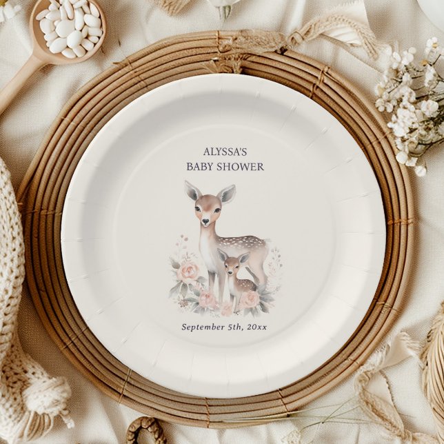 Prato De Papel Filhote Cachorro, Mãe, Chá (Cute deer baby shower paper plates personalized with the name of the mother-to-be)