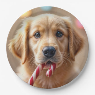 Prato De Papel Filhote de Retriever Dourado Com uma Cana de Açúca
