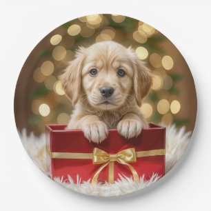 Prato De Papel Filhote de Retriever Dourado na Caixa de Natal