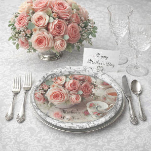 Prato De Papel Filigree com Rosas Rosa no Dia das Mães