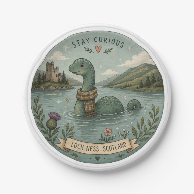 Prato De Papel Fique Curioso Aconchegante Críptido Nessie Monstro (Frente)