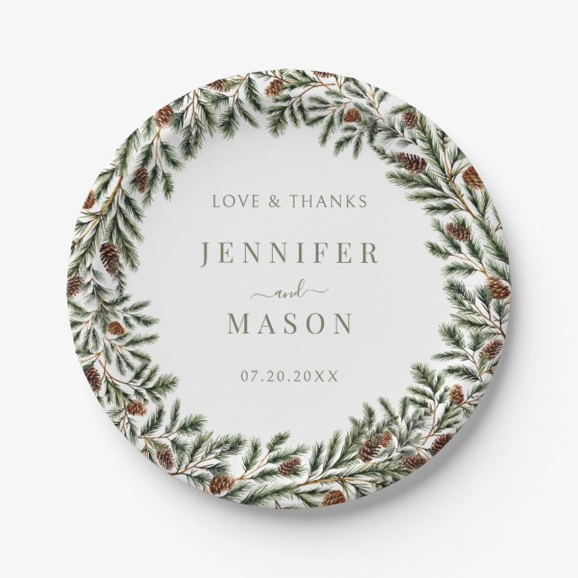 Prato De Papel Fir Pine Cones Wreath Casamento no inverno de Nata (Frente)