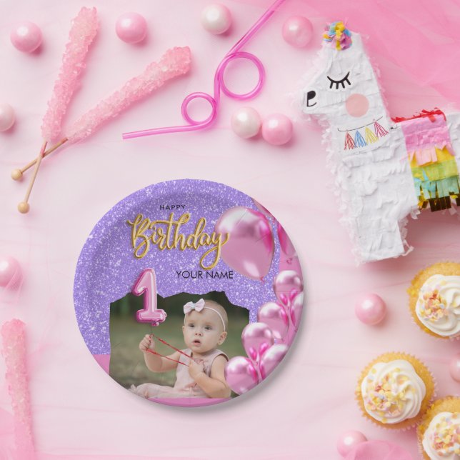 Prato De Papel First Birthday Baby Girl Photo Design (Festa)