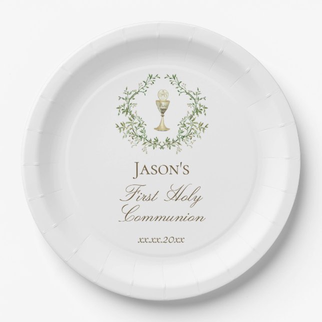 Prato De Papel First Communion greenery crest chalice (Frente)