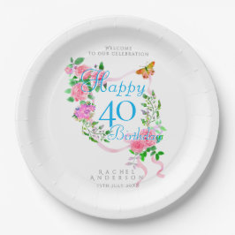 Prato De Papel Fita de Rosa Rosa Aniversário de 40 anos