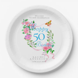 Prato De Papel Fita de Rosa Rosa Aniversário de 50 anos