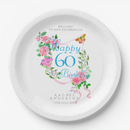 Prato De Papel Fita de Rosa Rosa Aniversário de 60 anos