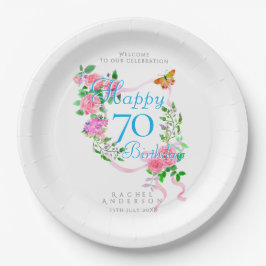 Prato De Papel Fita de Rosa Rosa Aniversário de 70 anos