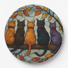 Prato De Papel Five Cats on a Tree Branch Stained Glass Style