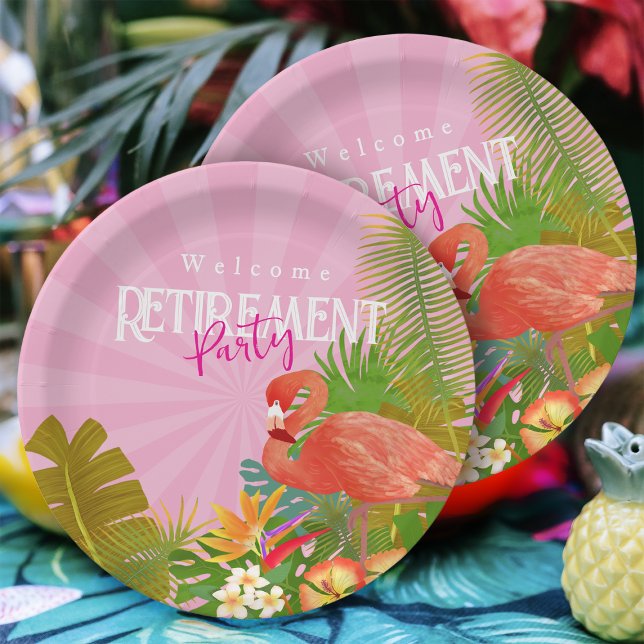 Prato De Papel Flamingo Aposentadoria Rosa  (Flamingo Retirement  Pink Party Plate)