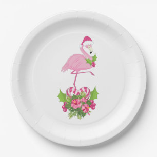 Prato De Papel Flamingo cor-de-rosa no Papai Noel com Buquê de C
