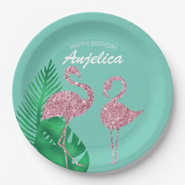 Prato De Papel Flamingo e Folhas de Palmeira com Brilho Rosa Retr (Frente)