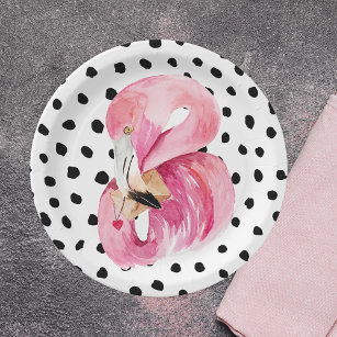 Prato De Papel Flamingo e pontos cor-de-água rosa moderna