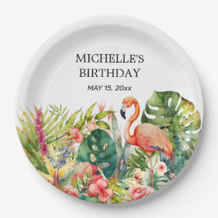 Prato De Papel Flamingo Floral Tropical Feliz Aniversário Nome