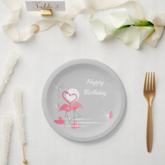 Prato De Papel Flamingo Love Feliz Papelão de Aniversário