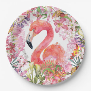 Prato De Papel Flamingo na selva de flores - Padrão de verão
