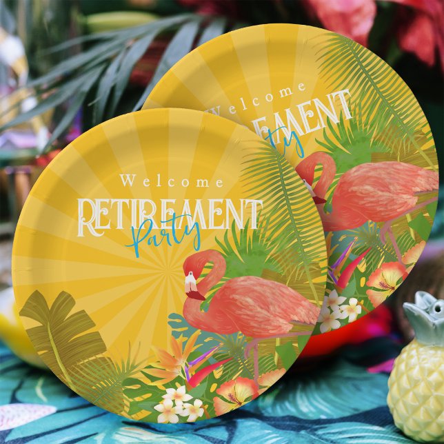 Prato De Papel Flamingo - Reforma Amarelo (Flamingo Retirement Yellow Orange Party Plate)