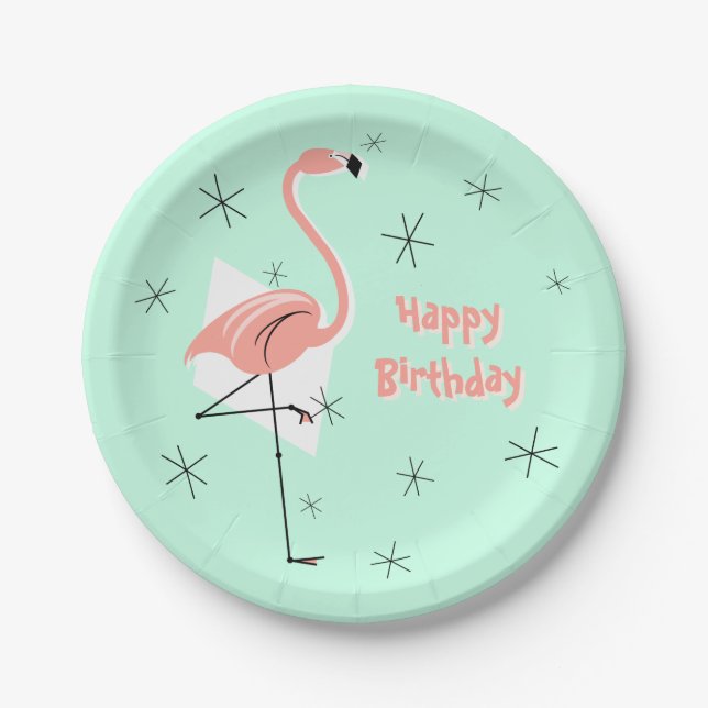 Prato De Papel Flamingo Retro Green - Placa de papel de aniversár (Frente)
