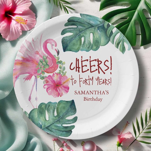 Prato De Papel Flamingo Rosa Aniversário Tropical (40th birthday party theme personalized paper plates watercolor art Victoria Grigaliunas)