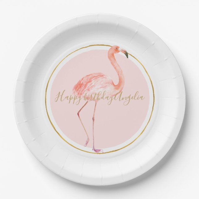 Prato De Papel Flamingo rosa com ouro e quadro personalizado (Frente)
