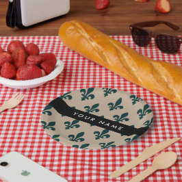 Prato De Papel Fleur de Lis, Green on Beige, Royal, Your Name