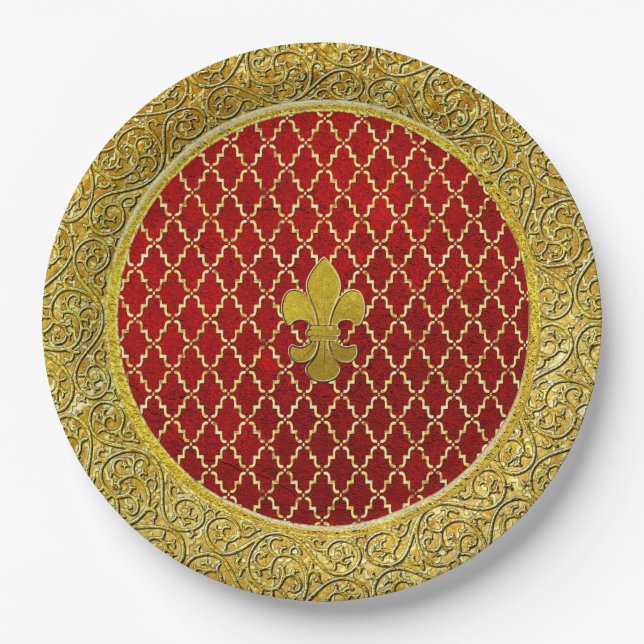 Prato De Papel Fleur de lis, vermelho e Dourado, em qualquer ocas (Frente)