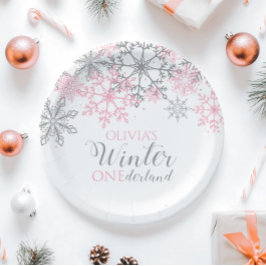 Prato De Papel Floco de neve de inverno Onederland Silver e rosa