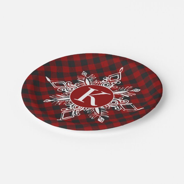 Prato De Papel Floco de neve monograma na xadrez (Inclinado)