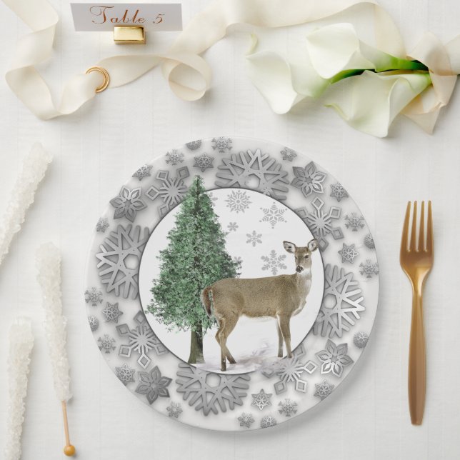 Prato De Papel Floco de Neve Prateado com Festa de Natal de Veado (Casamento)