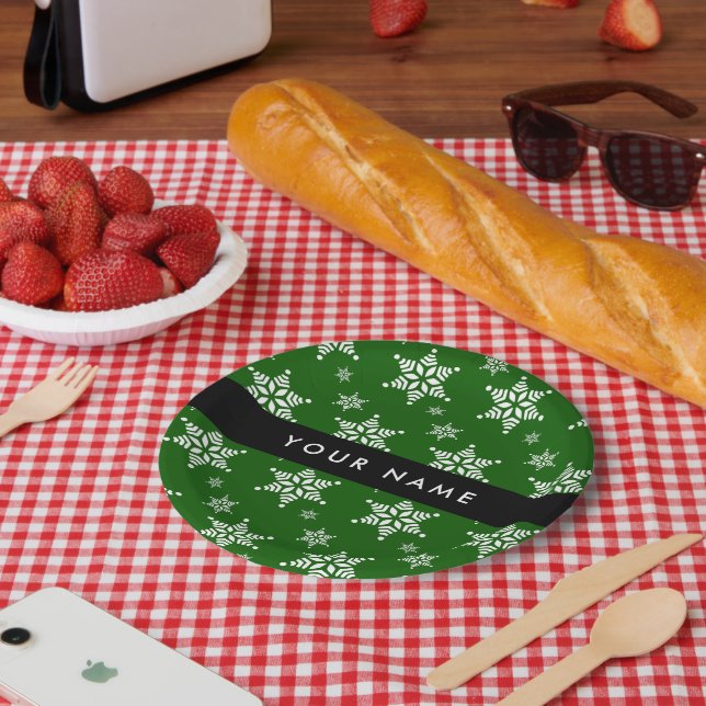 Prato De Papel Flocos de neve brancos, verdes, seu nome, personal (Piquenique)