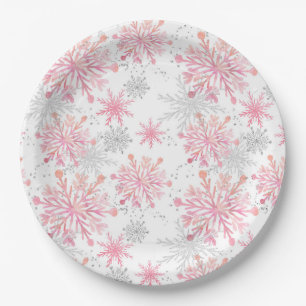 Prato De Papel Flocos de Neve de Inverno com Glitter Rosa e Prata