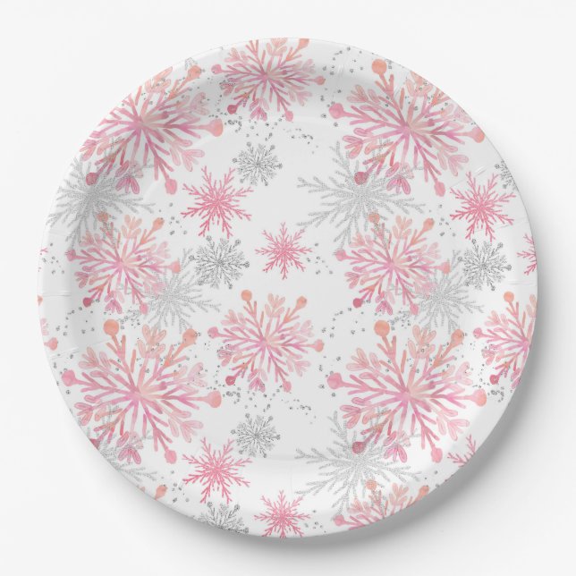 Prato De Papel Flocos de Neve de Inverno com Glitter Rosa e Prata (Frente)