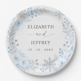 Prato De Papel Flocos de Neve Florais Prata Azul Casamento de Inv