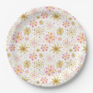 Prato De Papel Flocos de Neve Rosa e Dourado de Inverno