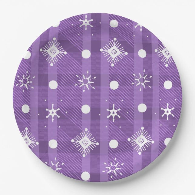 Prato De Papel Flocos de Neve Simples Padrão Xadrez Roxo (Frente)