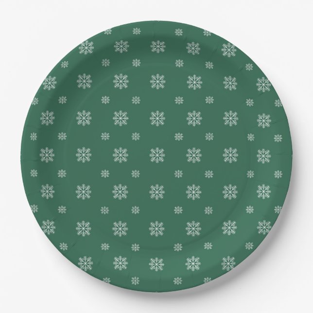 Prato De Papel Flocos de Neve Verdes e Brancos Simples Natal Mode (Frente)