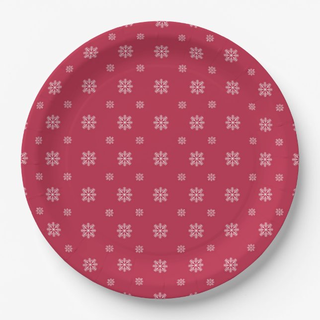 Prato De Papel Flocos de Neve Vermelhos e Brancos Simples Natal M (Frente)