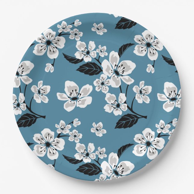 PRATO DE PAPEL FLOR DE CEREJEIRA - SAKURA (AZUL FUMÊ) (Frente)