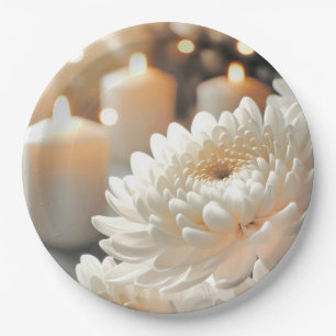 Prato De Papel Flor de Crisântemo Branco e Velas