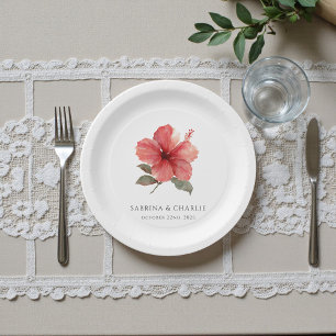Prato De Papel Flor de Hibisco em Aquarela Casamento Tropical Alo