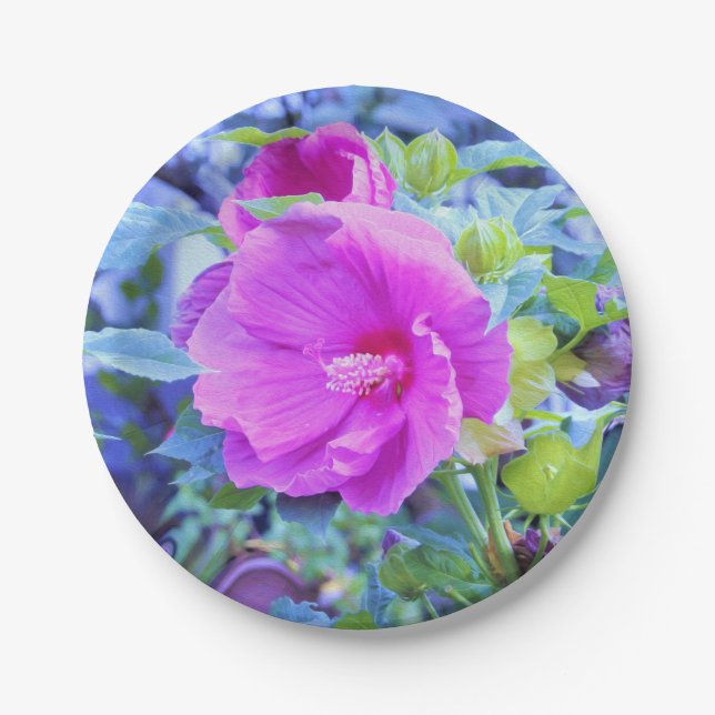 Prato De Papel Flor de Hibisco Rosa Elegante com Folhagem de Aqua (Frente)