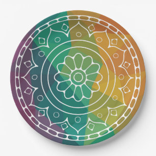 Prato De Papel Flor de mandala em desenho colorido de baixa poli