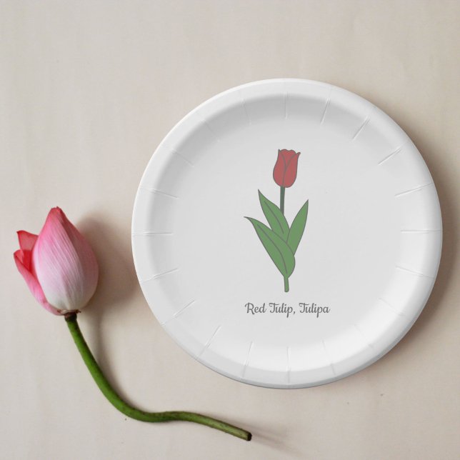 Prato De Papel Flor de Pastel Vermelho Botânico (Botanical Red Tulip Paper Plates)