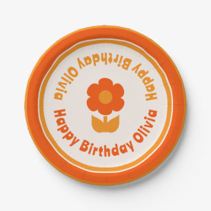 Prato De Papel Flor e Feliz Aniversário Laranja