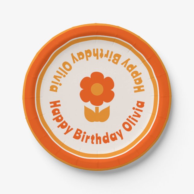 Prato De Papel Flor e Feliz Aniversário Laranja (Frente)