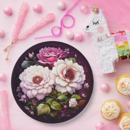 Prato De Papel Flor Floral de Cores Aquáticas, Rosa e Flores Púrp