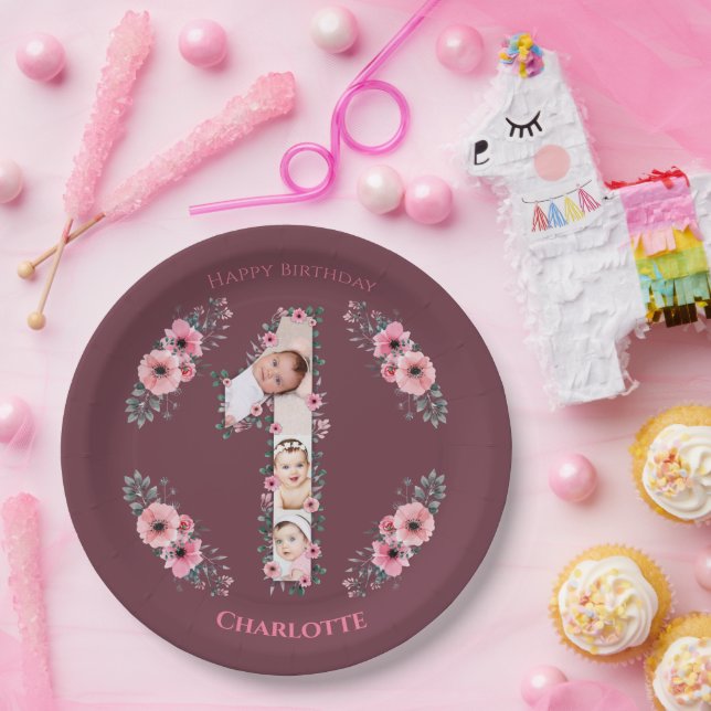 Prato De Papel Flor rosa Coluna de Fotos de primeiro aniversario  (Festa)