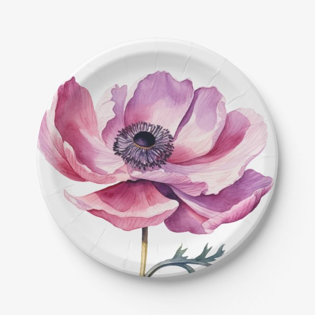 Prato De Papel Flor Selvagem Rosa Ilustrada à Mão (Frente)