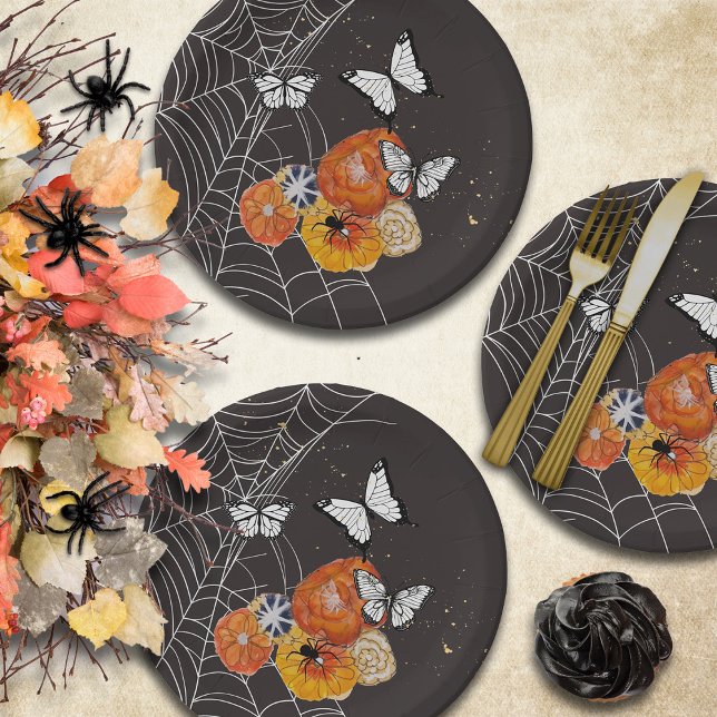 Prato De Papel Florais de outono de Halloween Borboletas Aranhas  (Give your Halloween party a romantic Gothic vibe with pretty florals, butterfies, and spiders)
